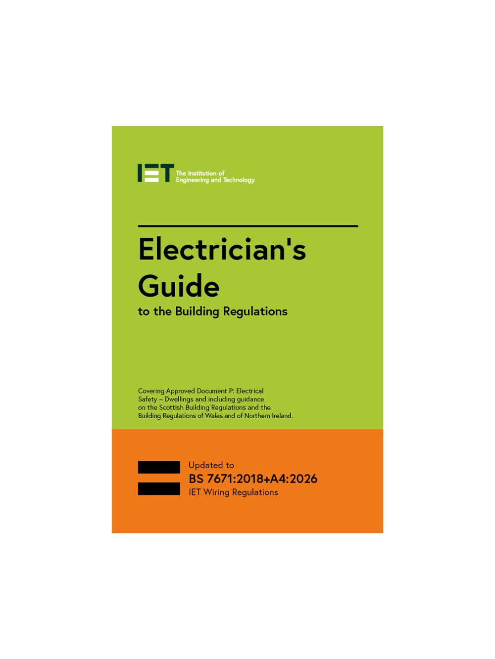 Book titled 'Electrician's Guide to the Building Regulations' with a green and orange cover on a white background.
