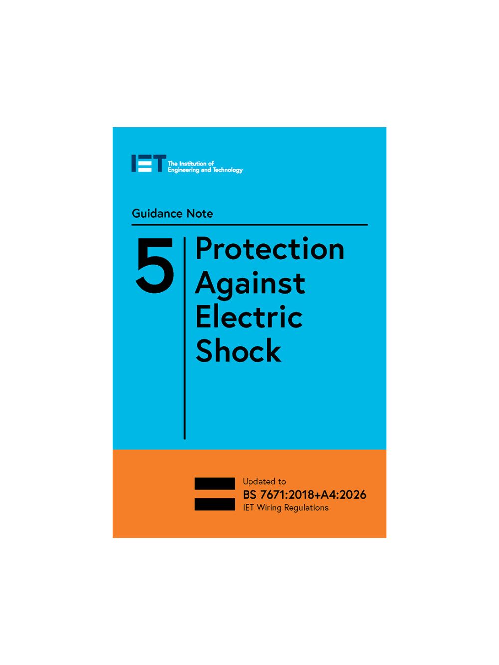Book cover of 'Protection Against Electric Shock' guidance note 5 with blue and orange design.
