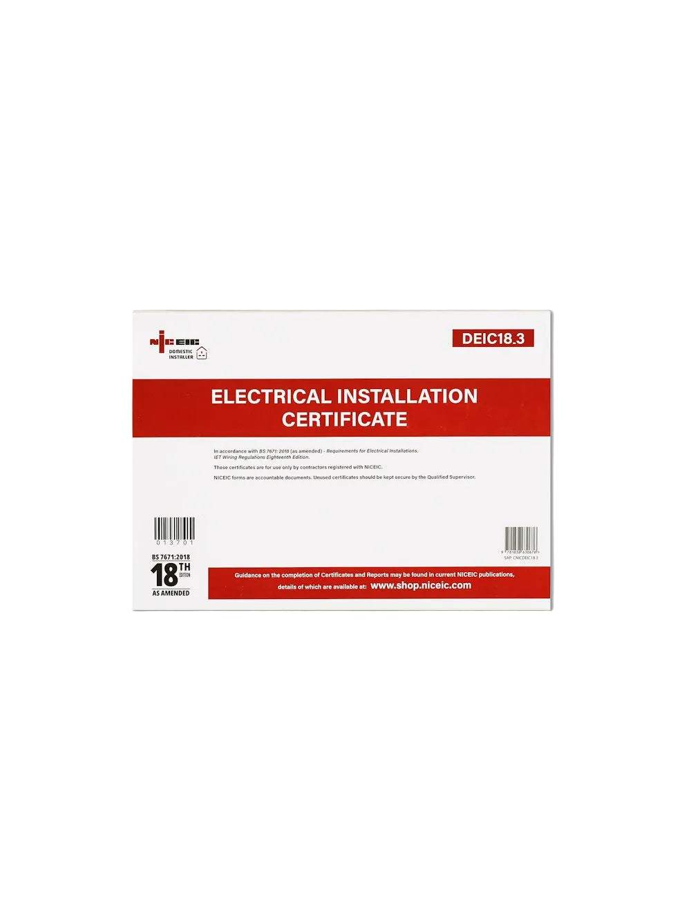 Electrical Installation Certificate 18.3, Domestic Installer