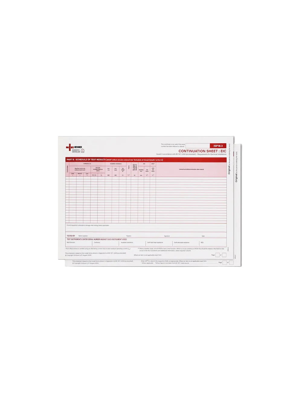 Continuation Sheets: Schedules of Circuit Details & Test Results 18.3, Domestic Installer